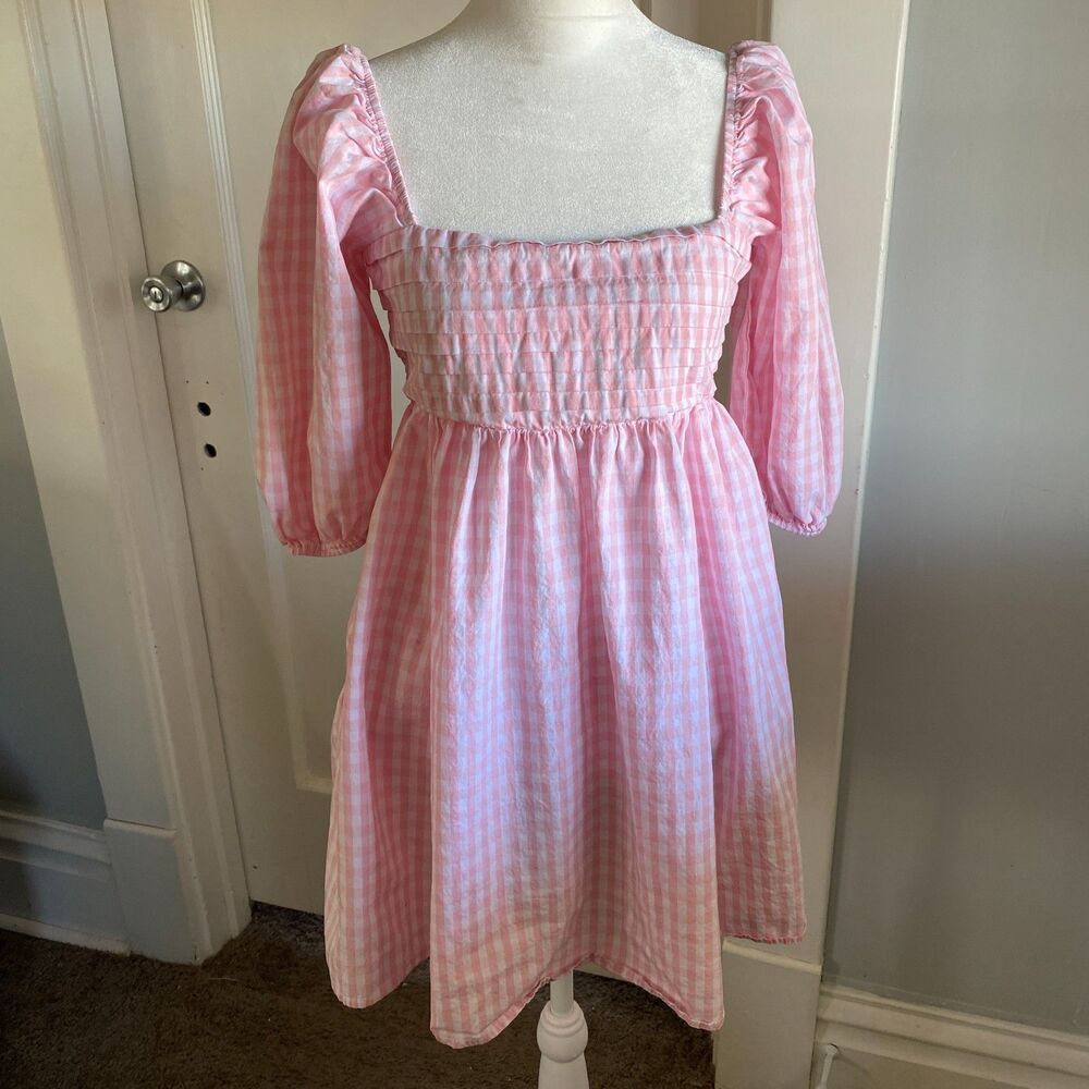 Pink Gingham Ruched Babydoll Mini Dress, Balloon Sleeves, Pockets, sz S